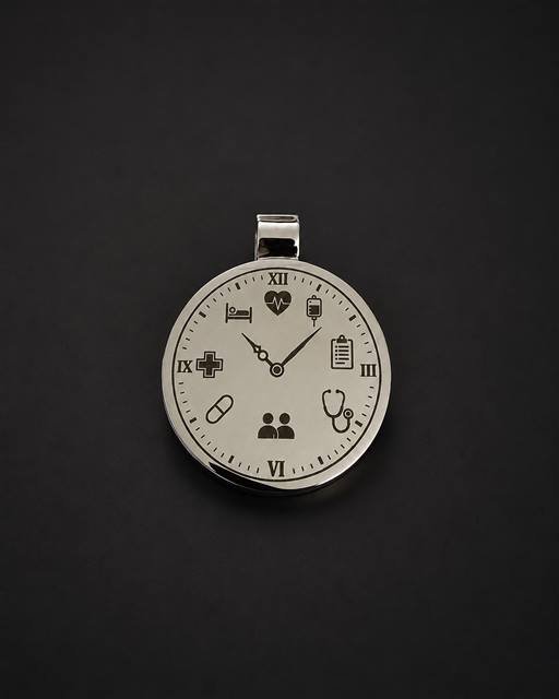 Colgante de metal grabado con diseño de reloj e iconos médicos